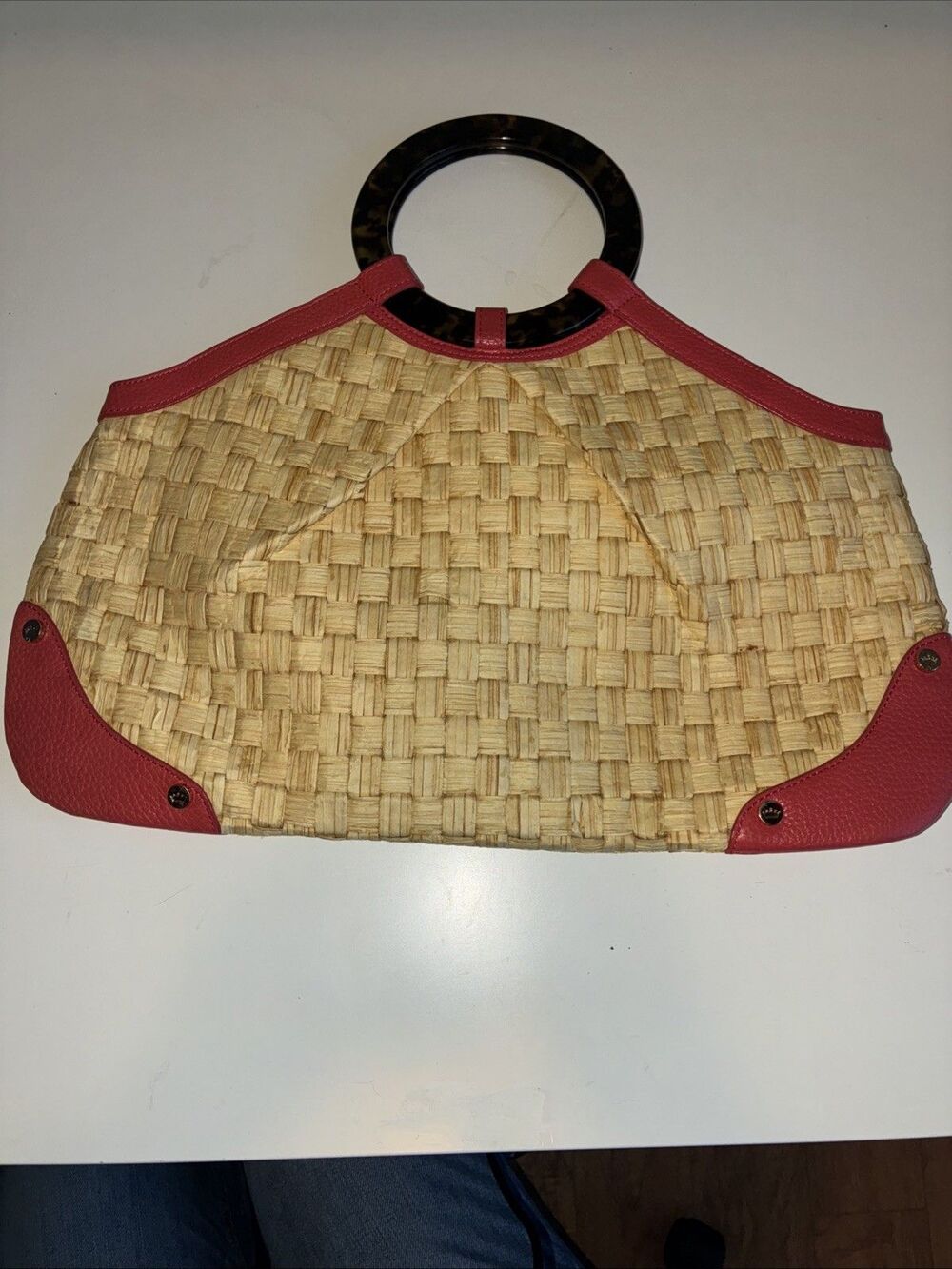Elaine Turner Banana Leaf Straw Woven Tortoise Shell Top Handle Coral Purse